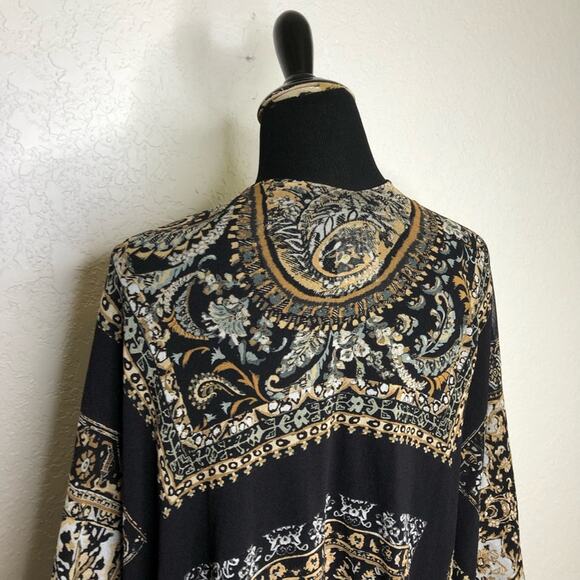 Fuzzi black white gold floral fringe trim open front kimono top size Medium - Picture 11 of 16